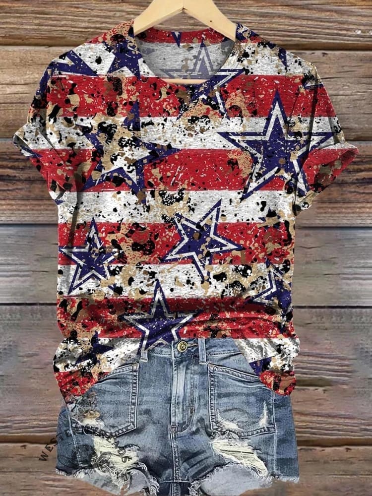 Retro Star Stripe Pattern Printed Casual T-shirt
