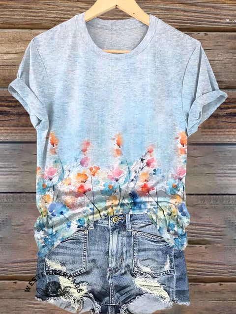 Blue Elegant Floral Print Casual T-shirt