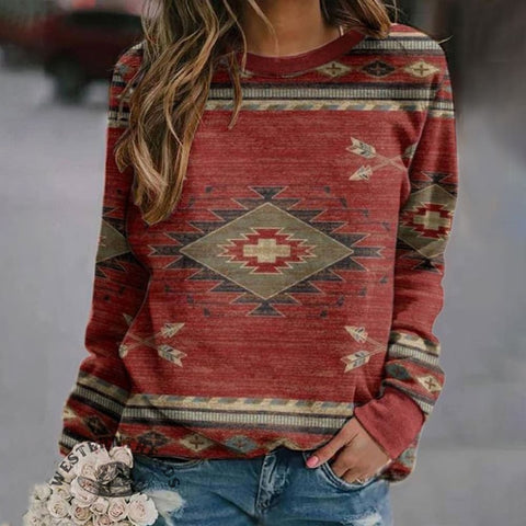 Western Print Crew Neck Long Sleeve Sweatshirt