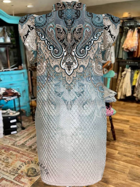 Women's Paisley Print V-Neck Button Pocket Cotton Dress