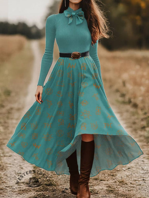 Women's Cattle Brands Print Skirt and Long-sleeve Tops Two-Piece Suit