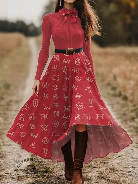 Women's Cattle Brands Print Skirt and Long-sleeve Tops Two-Piece Suit