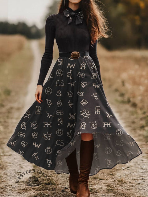 Women's Cattle Brands Print Skirt and Long-sleeve Tops Two-Piece Suit