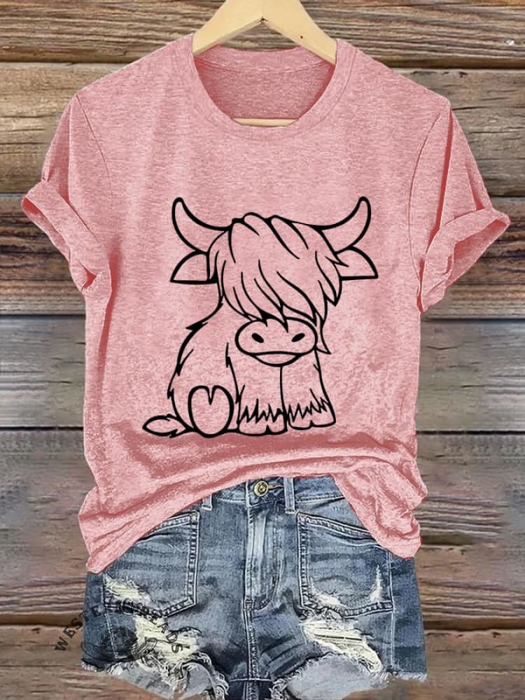 Women's Western Highland Cow printed casual T-shirt