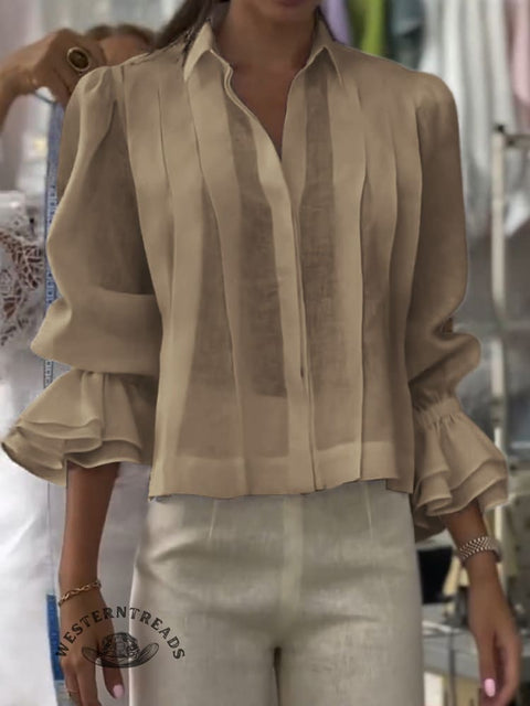 Women's Solid Color Western Horseback Riding Lapel Long Sleeve Casual Loose Linen Cardigan Top
