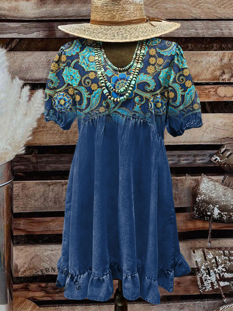 Retro Blue Floral Gradient Pattern Print Casual T-Shirt