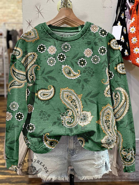 Green Paisley Print Casual Cotton Sweatshirt
