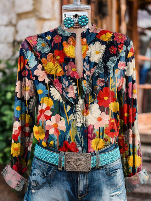 Women's Floral Print Casual Cotton And Linen Shirt