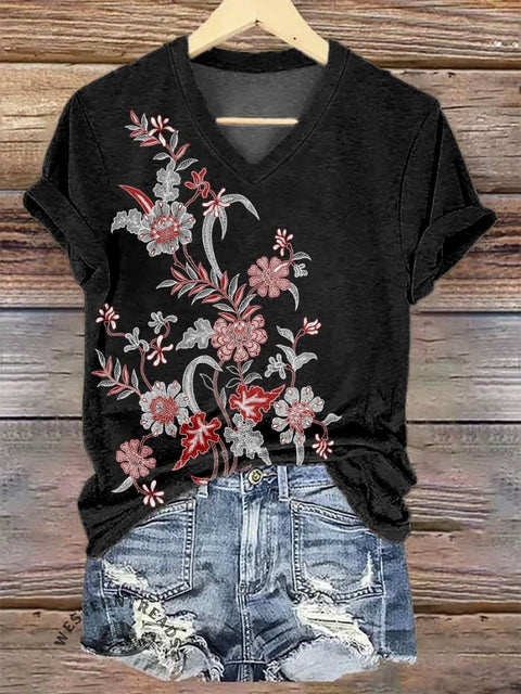 Women's Black Flower Print V-neck Casual T-Shirt