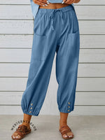 Solid Color Casual With Pocket Buttons Cotton Linen Trousers Pants