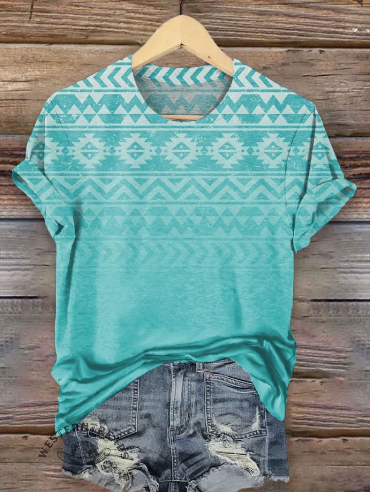 Turquoise Vintage Western Aztec Print T-shirt