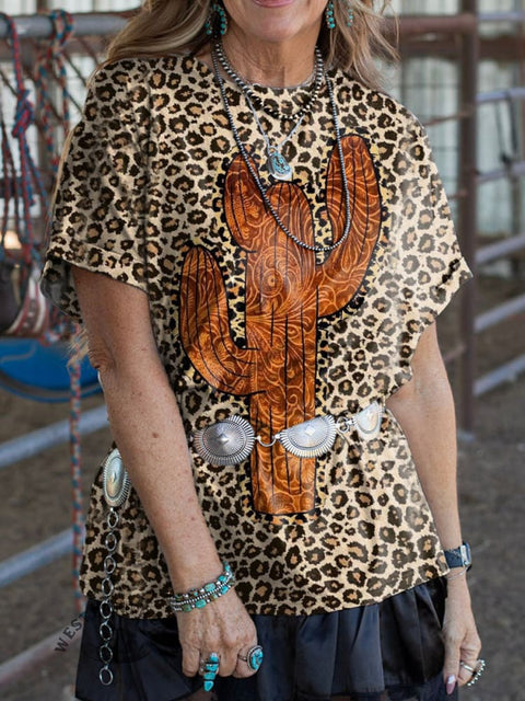 Western Cactus and Leopard Print T-shirt