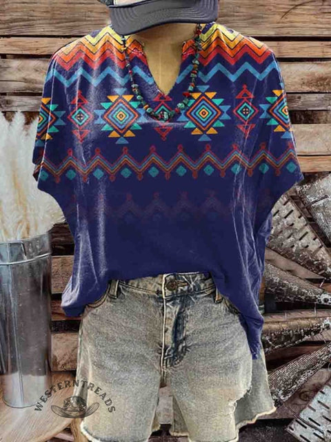 Women's V-neck Aztec Print Casual T-Shirt