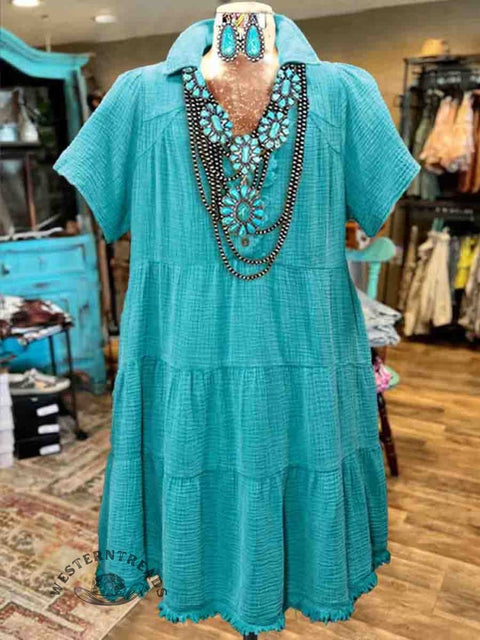 Women's Turquoise Short Sleeves Cotton Dress