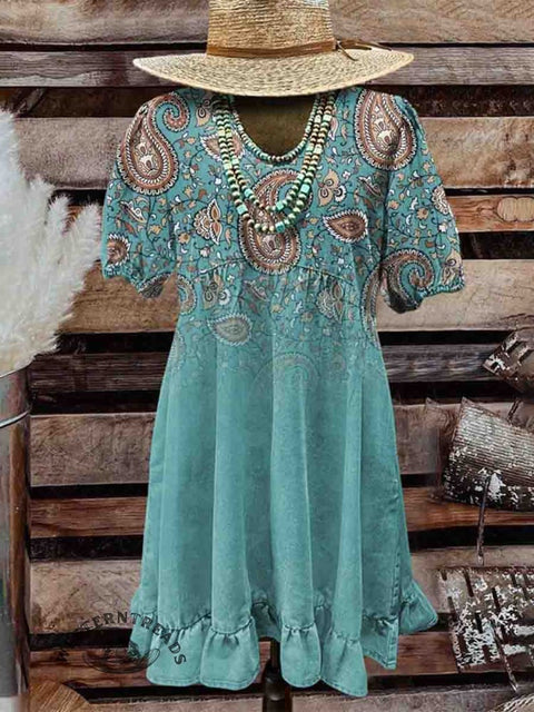 Women's Turquoise Bohemian Paisley Print Pocket Cotton Dress
