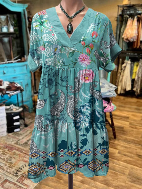 Women's Turquoise Boho Floral Print Cotton Dress