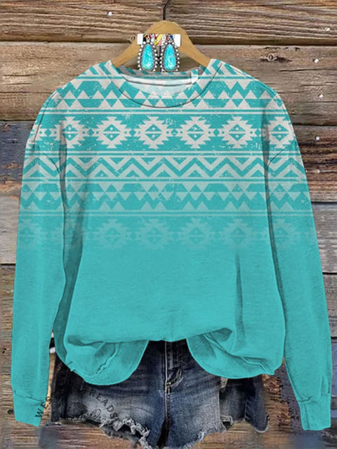 Turquoise Gradient Aztec Print Casual Cotton Sweatshirt