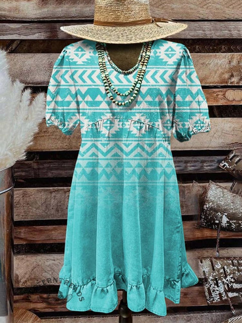 Women's Turquoise Gradient Aztec Print Pocket Cotton Dress