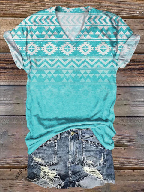 Women's Turquoise Gradient Aztec Print V-neck Casual T-Shirt