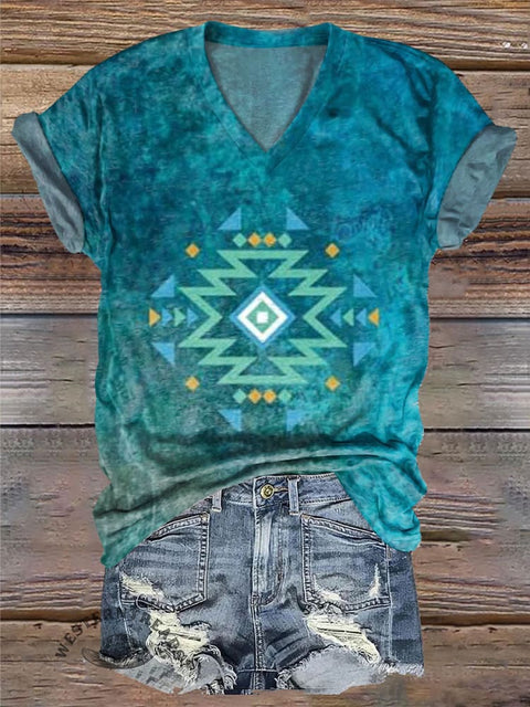 Women's Turquoise Aztec Print V-neck Casual T-Shirt