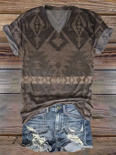 Women's Aztec Print V-neck Casual T-Shirt