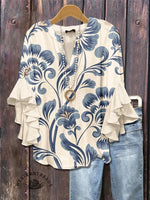 Women's Vintage Blue Floral Print Ruffle Sleeve Top