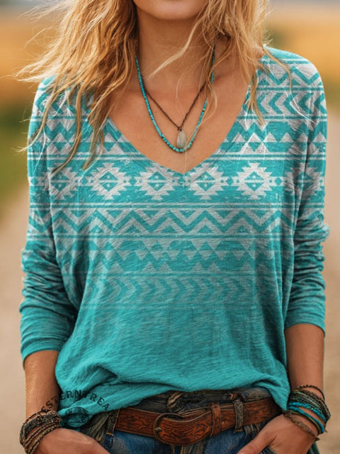 100% Cotton🍃Women's Aztec Gradient Print Casual V-neck Long Sleeve T-shirt