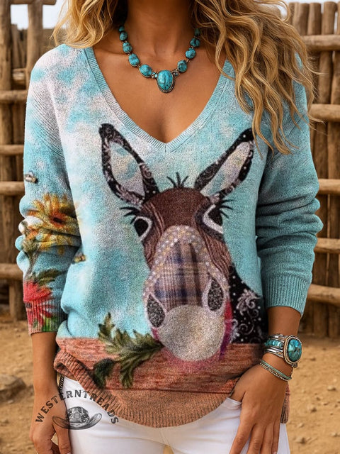 Women's Donkey Print Casual V-Neck Pullover Sweater