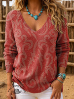 Women's Vintage Boot Stitch Print Casual Pullover Sweater