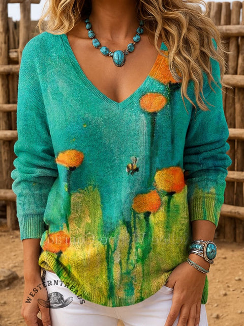 Women's Floral Print Casual V-Neck Knitted Pullover