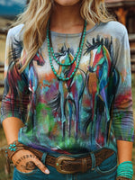 Women's Vintage Horse Art Print Casual T Shirt