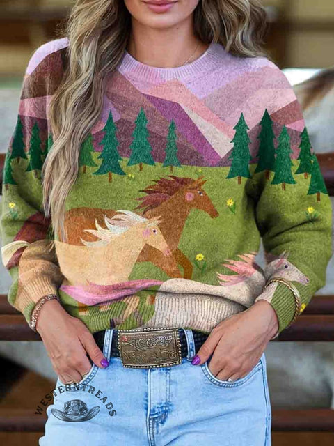 Horse Art Print Knit Pullover Sweater