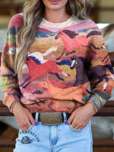 Horse Art Print Knit Pullover Sweater