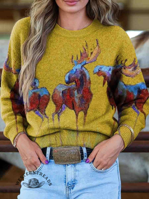 Wild Deer Print Knit Pullover Sweater