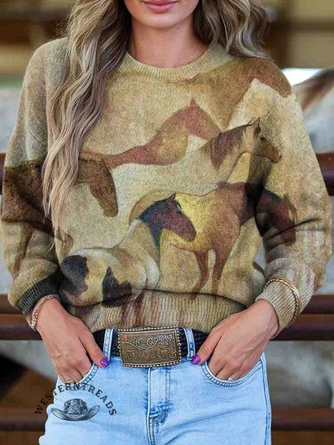 Horse Art Print Knit Pullover Sweater