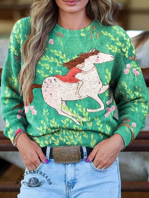 Horse Art Print Knit Pullover Sweater