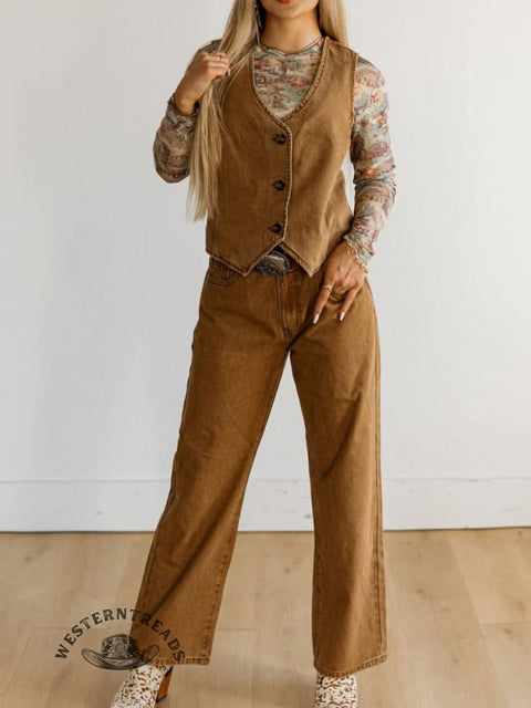 Women's Casual Cotton Washed Vest and Pants Two-piece Set