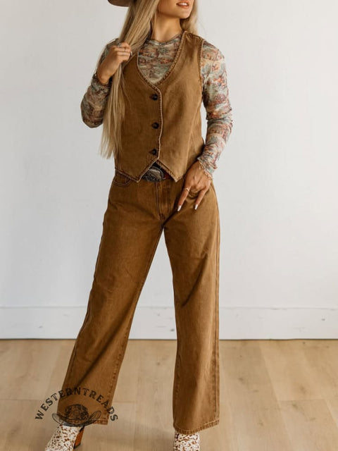 Women's Casual Cotton Washed Vest and Pants Two-piece Set