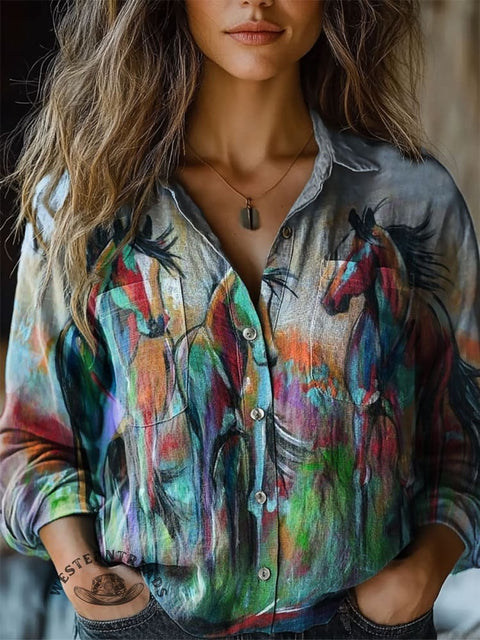 Women's Horse Print Casual Long Sleeve Comfortable Cotton Shirt