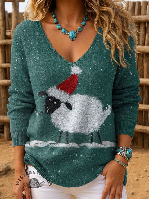 Women's Christmas Sheep Print Casual Pullover Sweater