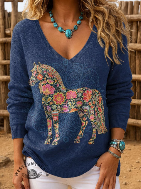 Women's Horse Art Print Casual Pullover Sweater