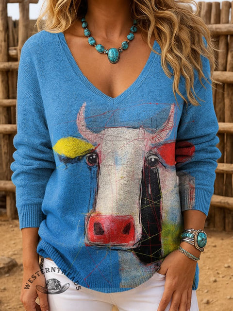 Women's Cow Art Print Casual Pullover Sweater