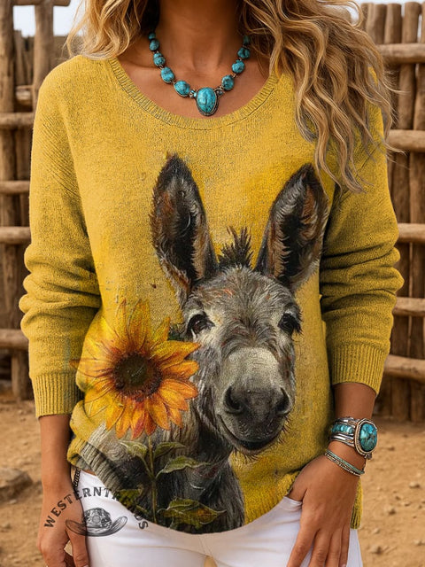 Women's Donkey Print Casual Pullover Sweater