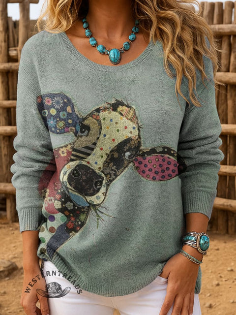 Women's Cow Print Casual Pullover Sweater