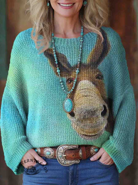 Funny Donkey Print Knit Pullover Sweater