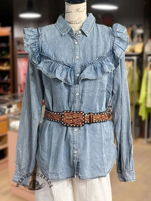 Women's Washed Ruffled Cotton Shirt