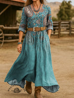 Women's Vintage Paisley Print Long Sleeves Cotton Dress