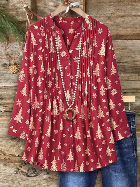 Women's Christmas Tree Print Casual Cotton And Linen Shirt
