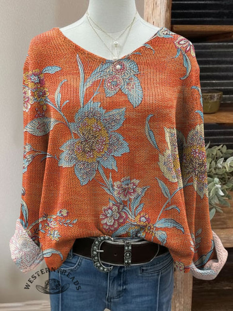 Women's Floral Print Casual Pullover Sweater