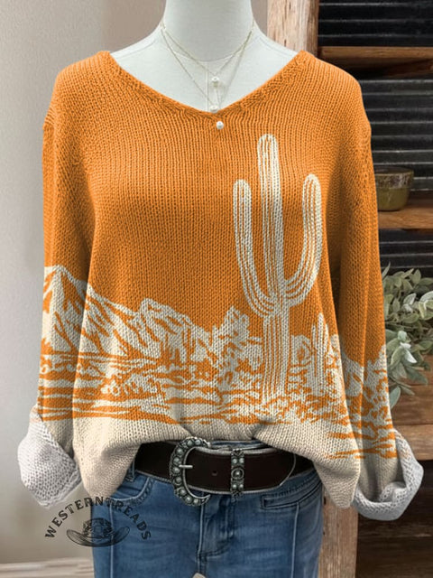 Women's Desert and Cactus Print Casual Pullover Sweater